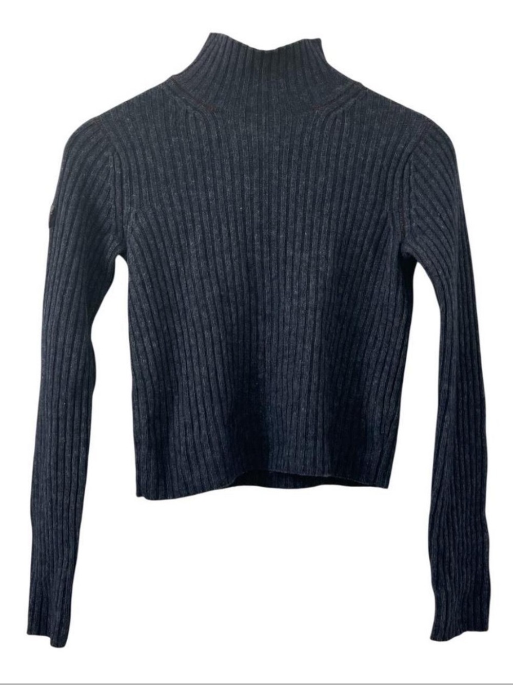 Vintage Navy Blue Rib Knit Mock Neck Sweater